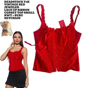 DEADSTOCK Y2K VTG. RED LACE UP RHINESTONE CORSET BUSTIER TOP SMALL + BUBU CHARM